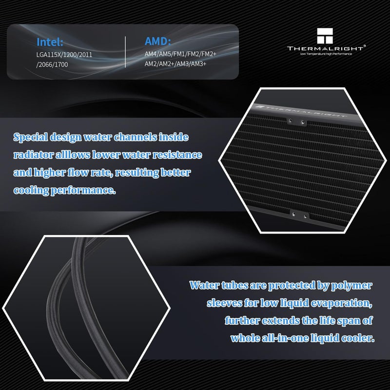 Thermalright Frozen Notte 360 Black ARGB V2 Water Cooling CPU Cooler, 360 Black CPU Cooler Specifications, 3×120mm PWM Fans, S-FDB Bearings, Suitable for AMD/AM4, Intel LGA 1700/1150/1200/2011/2066 - Image 3